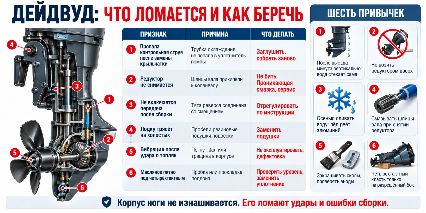 Неисправности дейдвуда лодочного мотора: признаки, причины и действия владельца