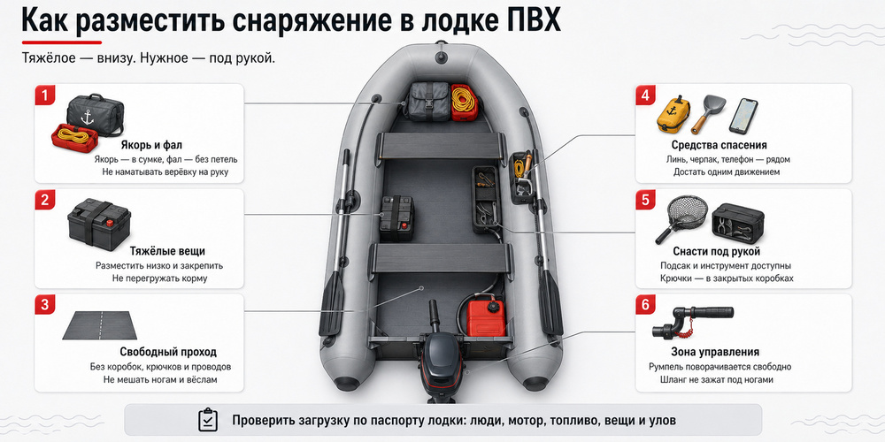 Размещение снаряжения в лодке ПВХ: закреплённые тяжёлые вещи внизу, свободный проход и доступ к средствам спасения