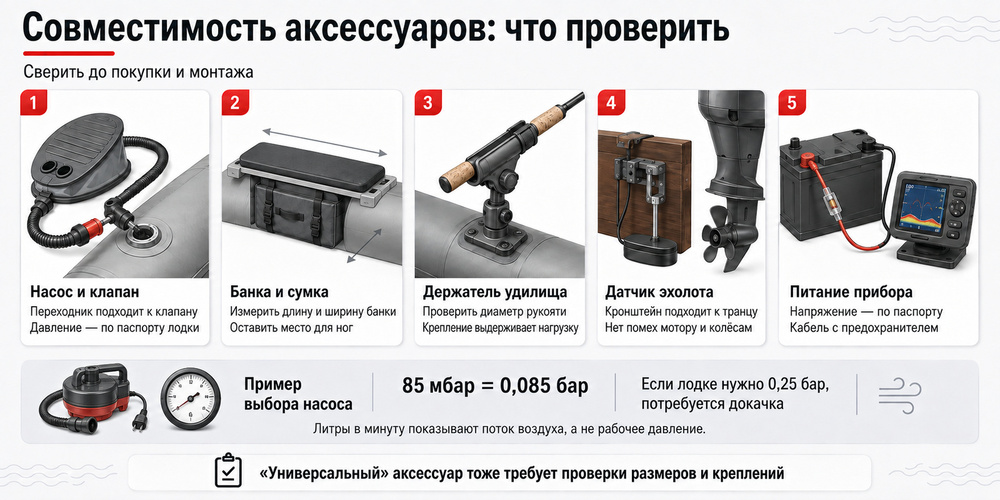 Что проверить перед покупкой аксессуаров: клапан насоса, размер банки, крепление удилища, опору датчика и питание эхолота