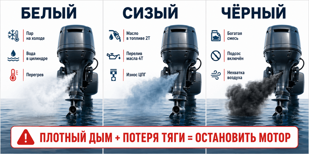 Белый, сизый и чёрный выхлоп лодочного мотора с вероятными причинами