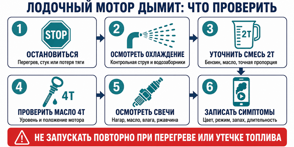 Последовательность проверки лодочного мотора при появлении густого дыма