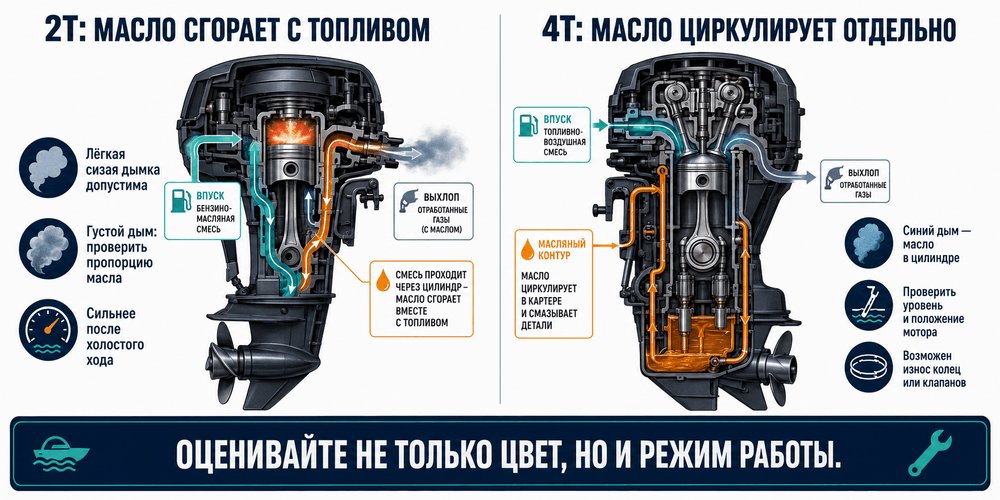 Различия причин дымления двухтактного и четырёхтактного лодочных моторов