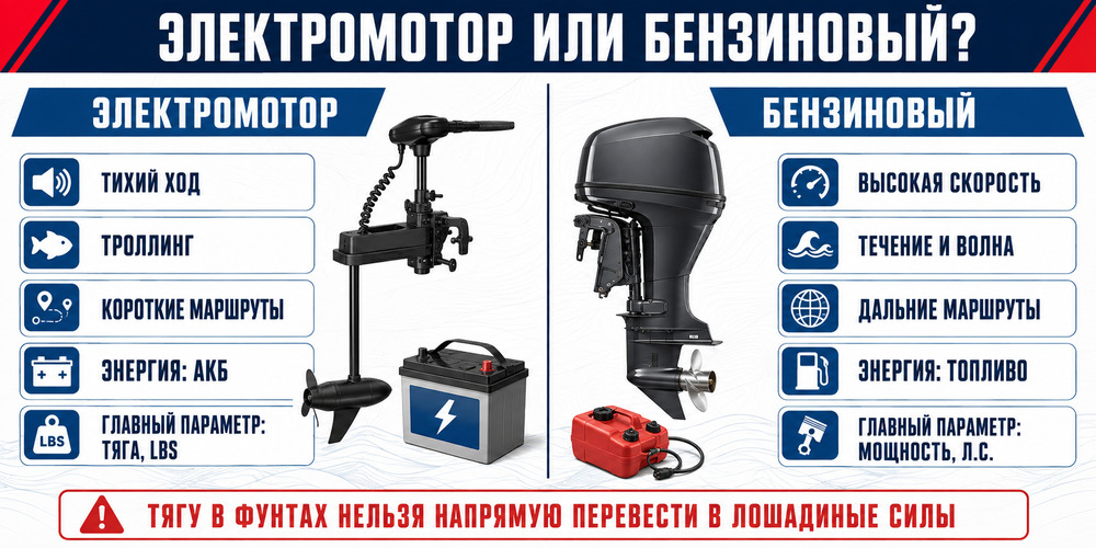 Сравнение тяги лодочного электромотора и мощности бензинового двигателя