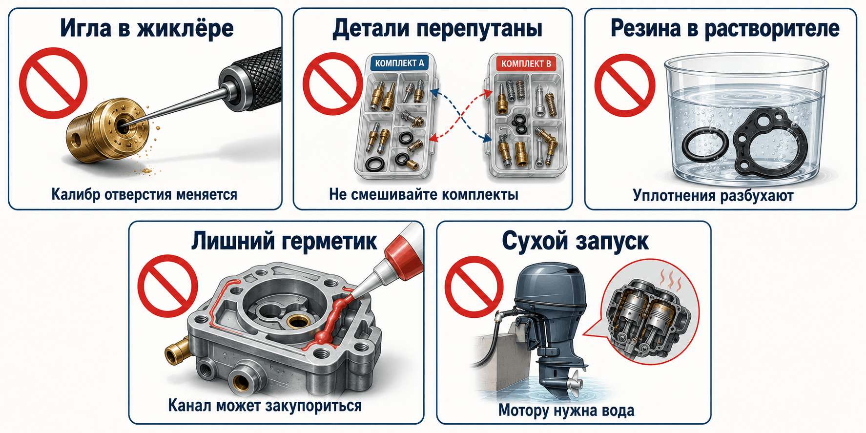 Ошибки при чистке жиклёров и сборке карбюратора лодочного мотора