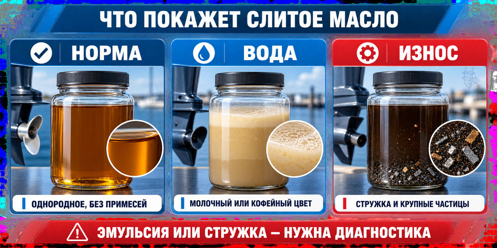 Сравнение нормального трансмиссионного масла, водной эмульсии, состава с металлической стружкой после слива из редуктора
