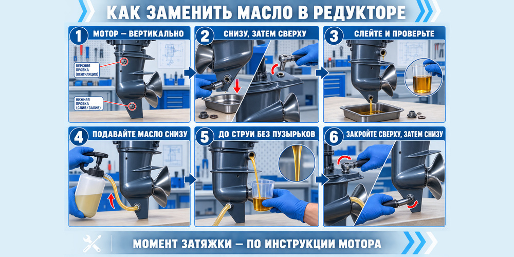 Последовательность замены масла в редукторе подвесного лодочного мотора через нижнее отверстие
