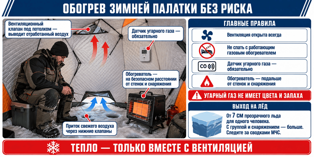 Безопасный обогрев палатки на зимней рыбалке: вентиляция и датчик угарного газа