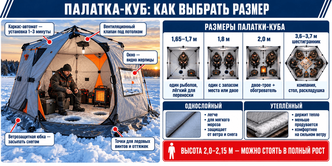 Утеплённая палатка-куб для зимней рыбалки на льду водохранилища