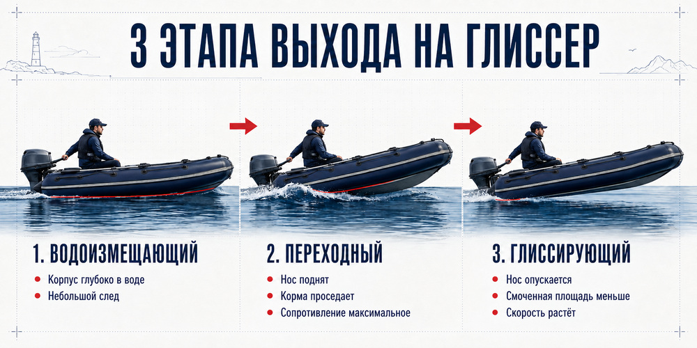 Три этапа выхода моторной лодки на глиссирование: водоизмещающий, переходный, глиссирующий режимы