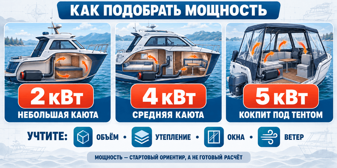 Сравнение мощности автономного отопителя для небольшой каюты, катера и кокпита под тентом