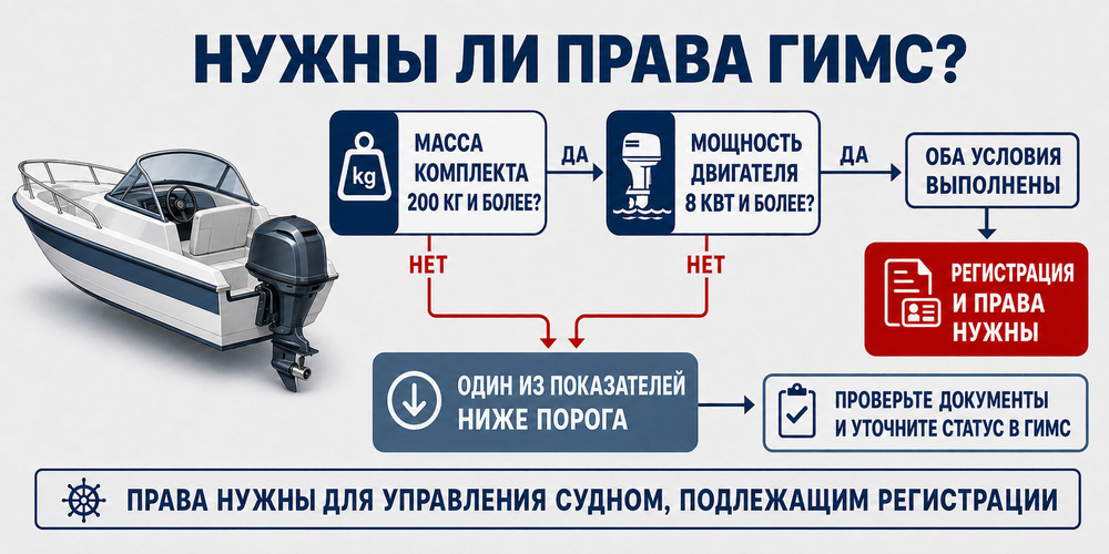 Схема определения необходимости прав ГИМС по массе лодки и мощности мотора