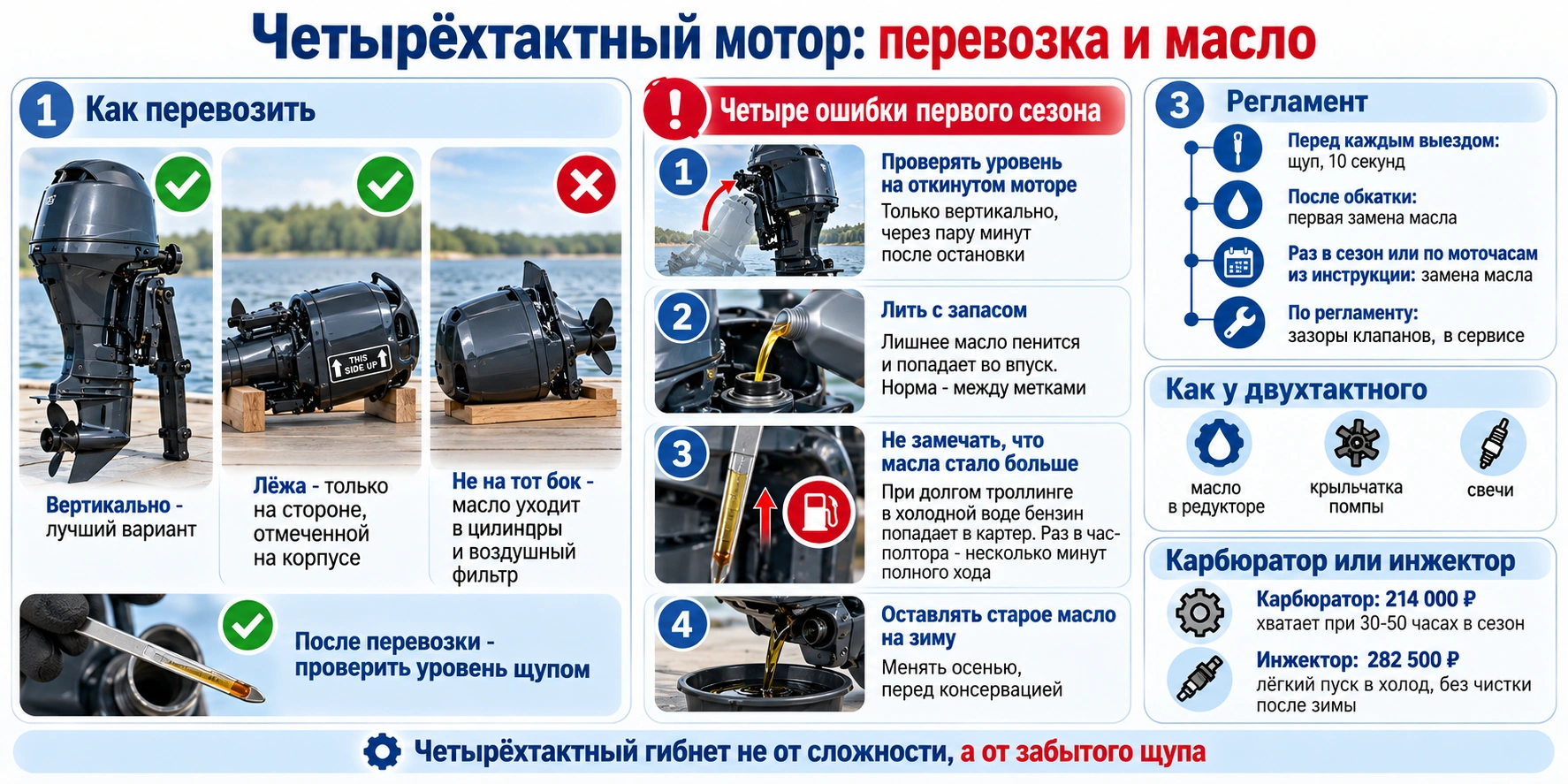 Перевозка и обслуживание четырёхтактного лодочного мотора: положение при транспортировке, проверка масла, регламент