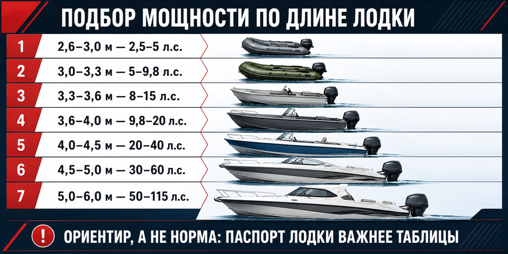 Сравнение диапазонов мощности подвесного лодочного мотора для лодок разной длины