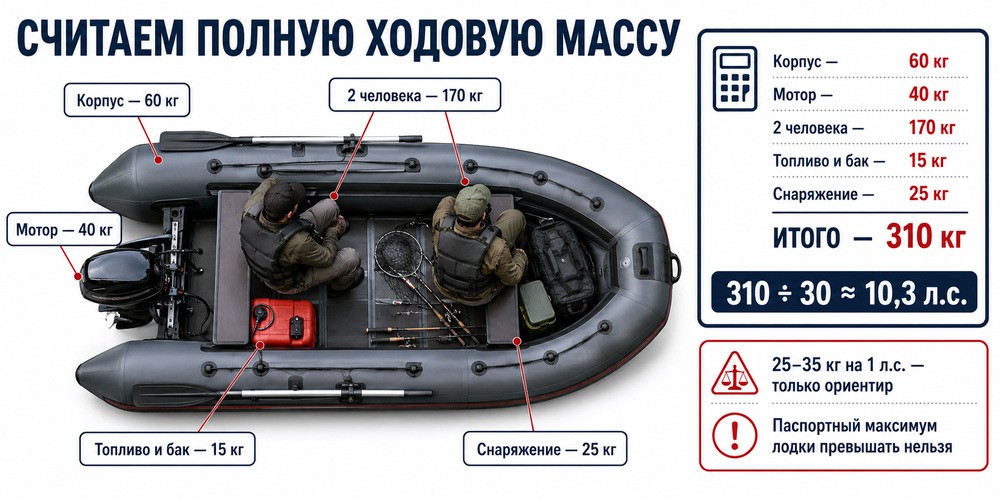Схема расчета полной массы лодки с мотором, пассажирами, топливом и снаряжением