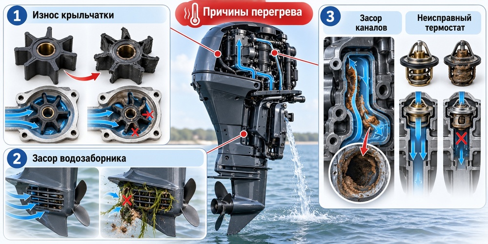 Основные причины перегрева лодочного мотора: крыльчатка, засор водозаборника и каналы охлаждения