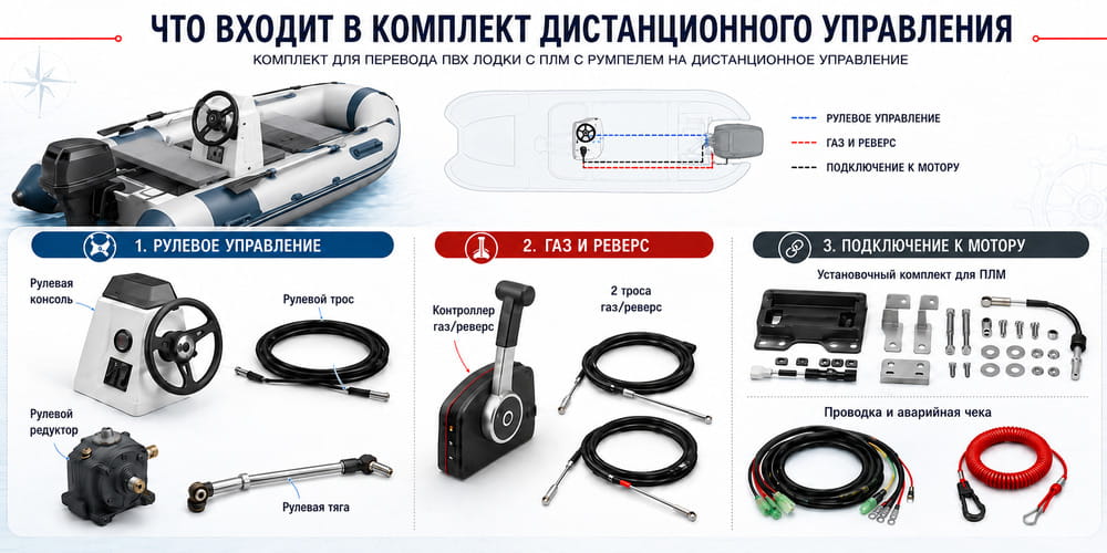 Состав комплекта дистанционного управления для лодки ПВХ: консоль, штурвал, редуктор, рулевой трос и контроллер газ-реверс