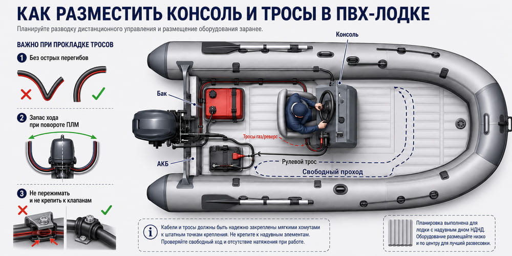 Схема размещения рулевой консоли, водителя, бака и тросов дистанционного управления в лодке ПВХ