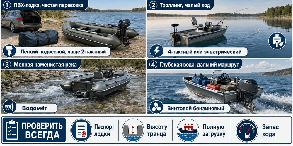 Выбор лодочного мотора для троллинга, дальнего перехода, мелководья и ПВХ-лодки