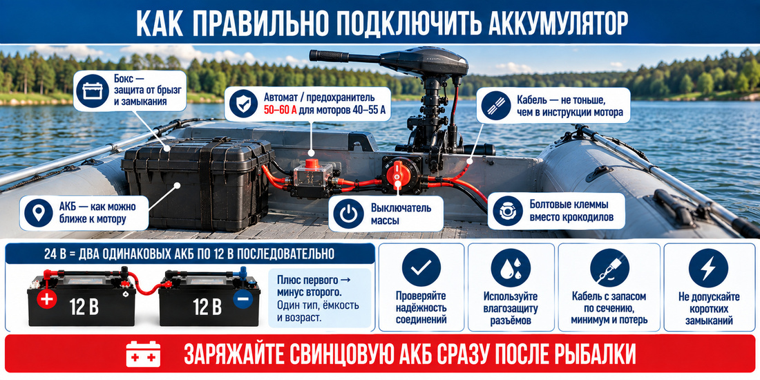Схема подключения аккумулятора к лодочному электромотору через автомат и выключатель массы