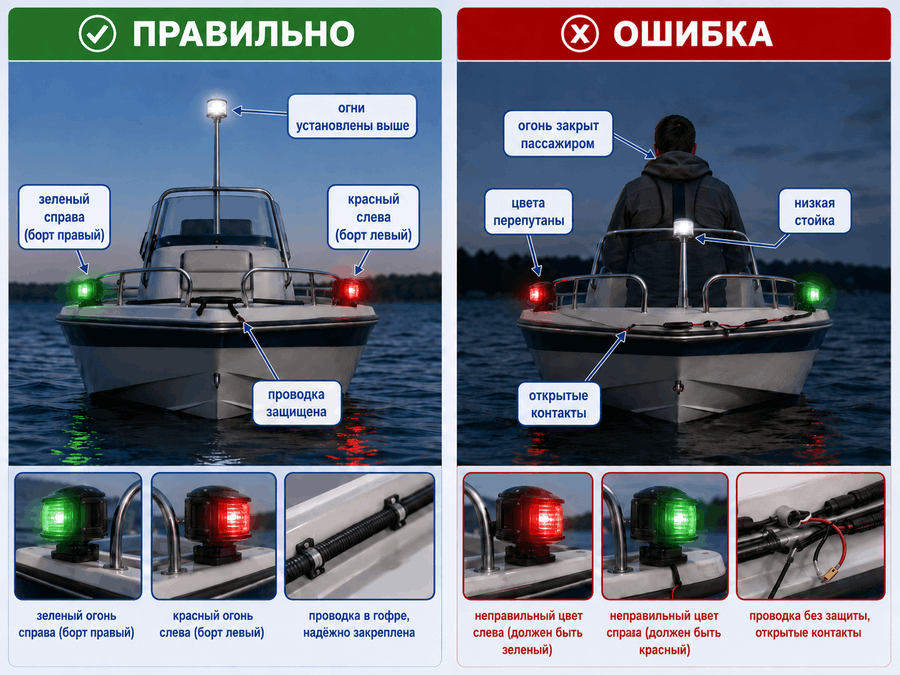 Ошибки установки навигационных огней на лодке ПВХ и катере