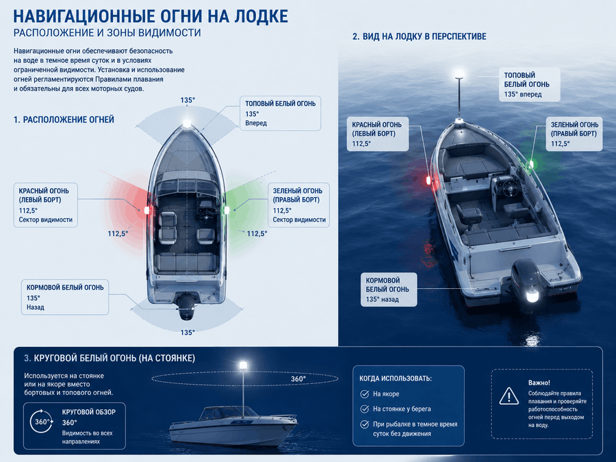 Схема расположения навигационных огней на моторной лодке