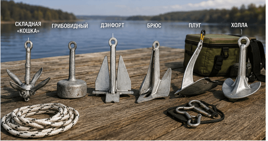Разные типы якорей для лодки ПВХ на фоне рыболовного снаряжения