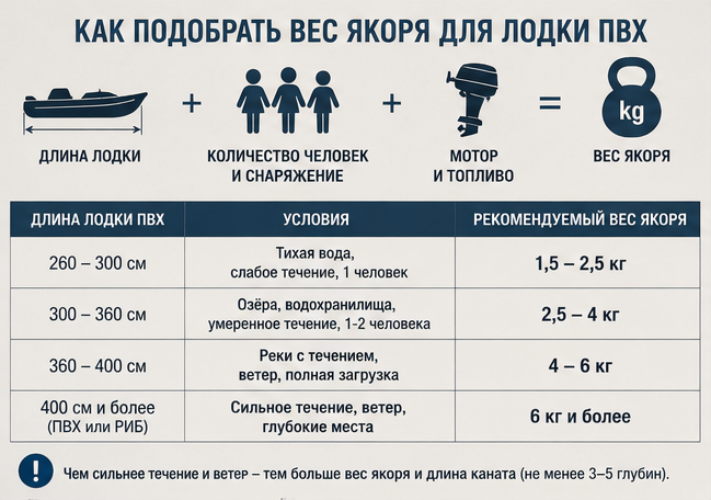 Схема подбора веса якоря для лодки ПВХ по длине и условиям рыбалки