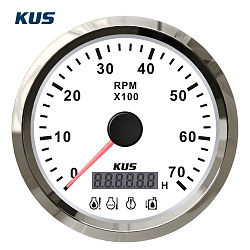Тахометр белый с серебристой окант. SS316 со счётчиком моточасов с доп индикаторами 0-7000 85 мм.